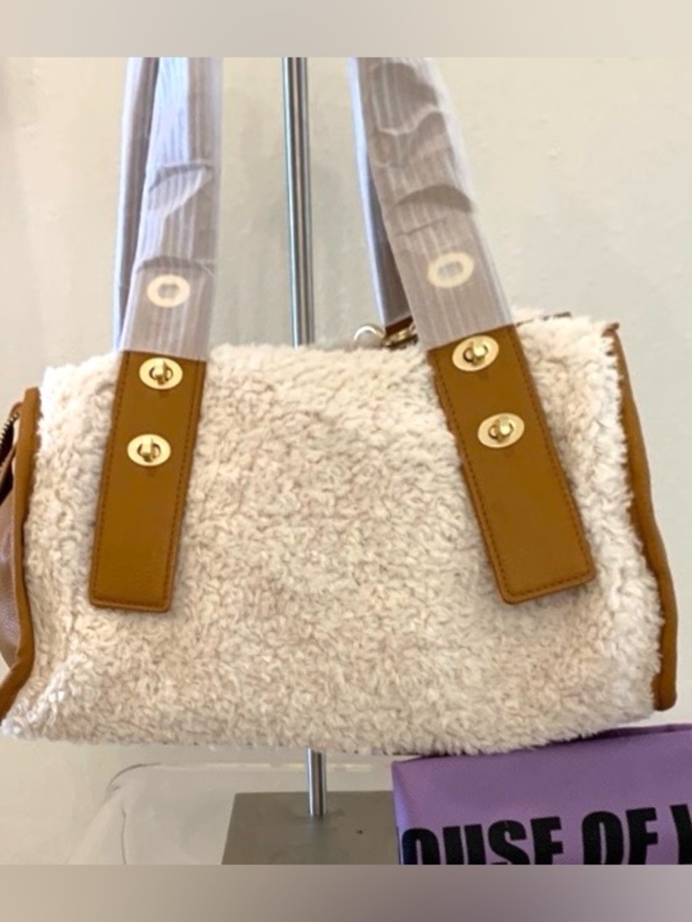 House of Want faux tan leather and cream shearling top zipped satchel